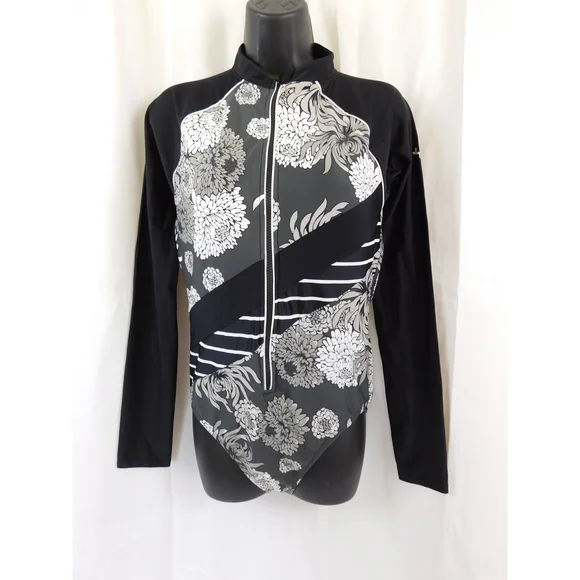 JOYLAB BLACK WHITE FLORAL LONG SLEEVE SWIMSUIT RASH GUARD XL - Picture 3 of 7